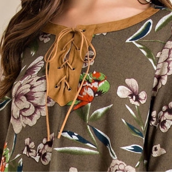 Entro Dress Women's Size L Brown Floral Lace Up Elbow Patches Long Sleeve Boho - Picture 8 of 9